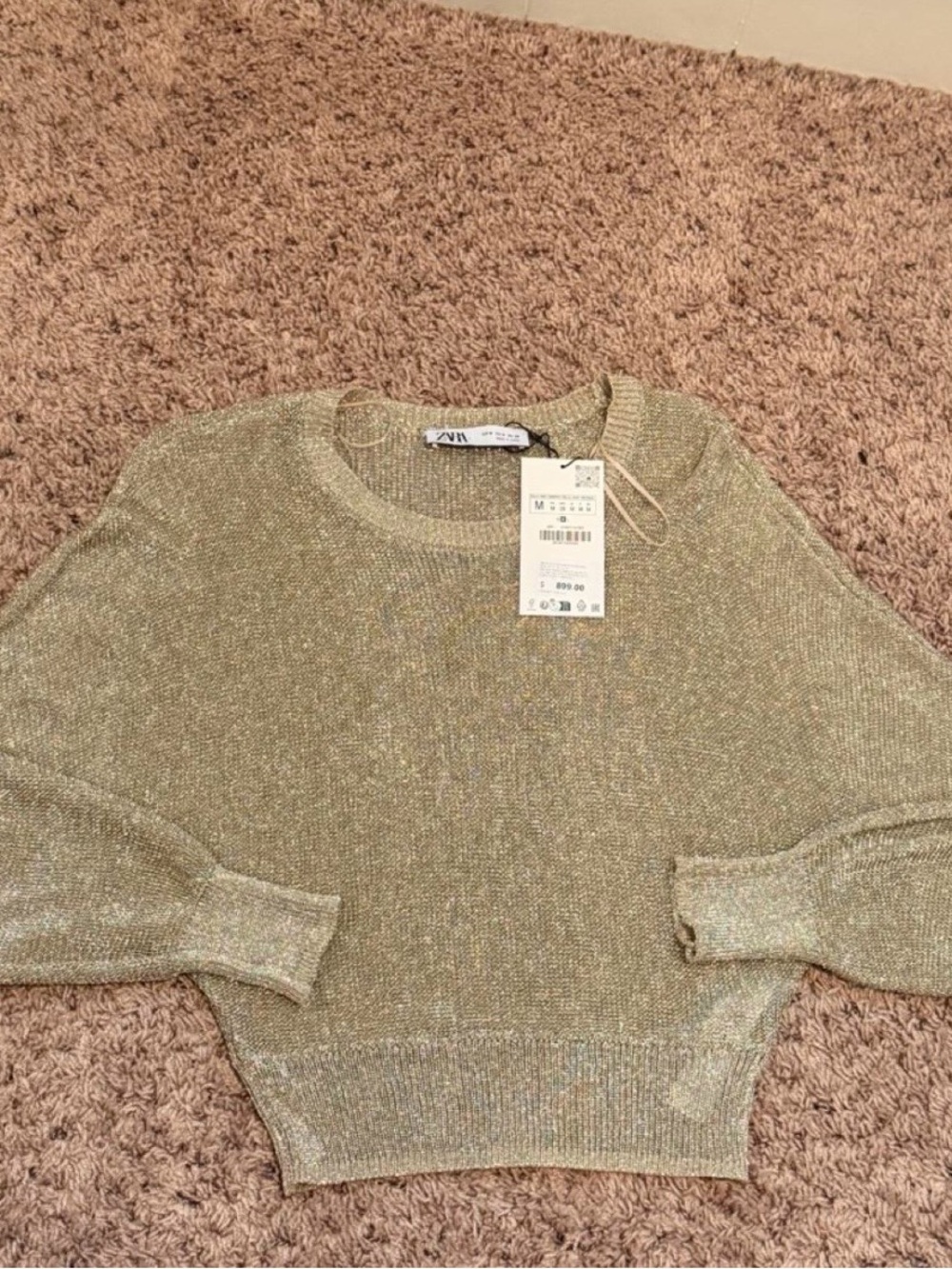 Zara Shimmery Crewneck Sweater in Light Gold NWT